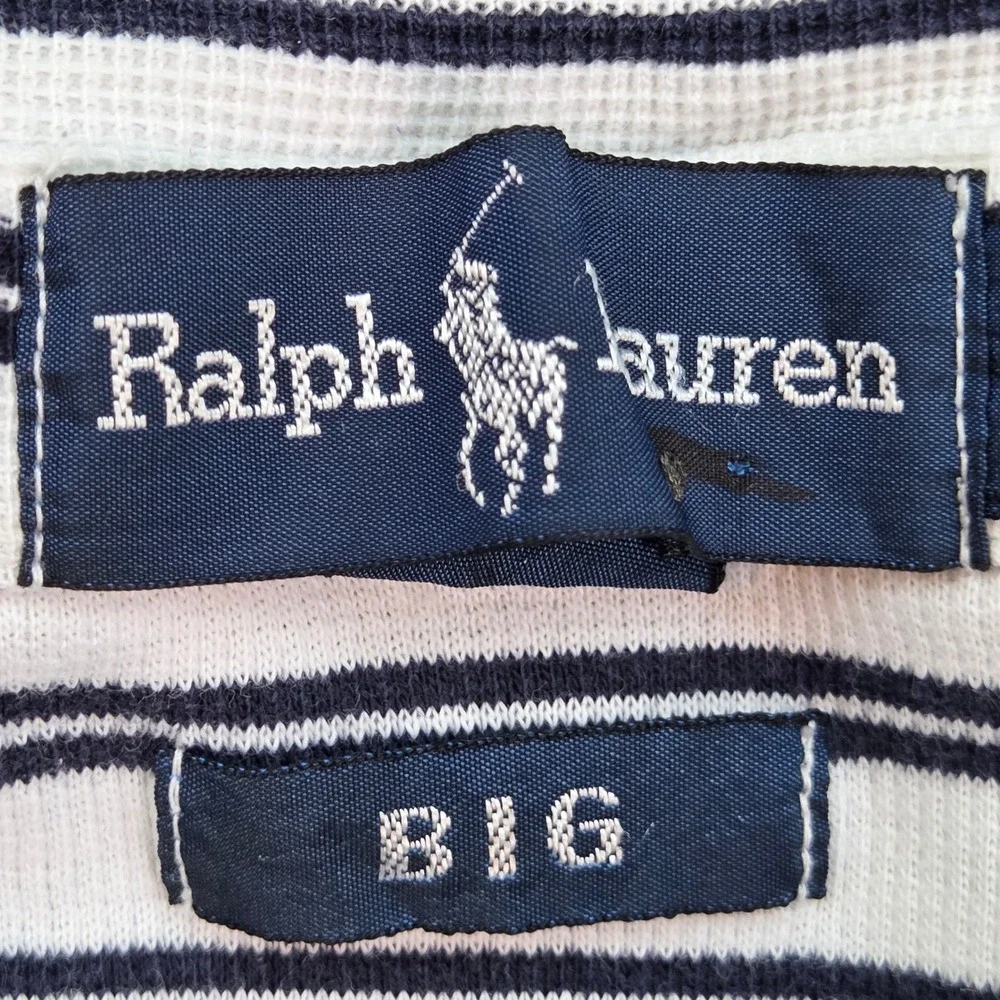Ralph Lauren Polo Shirt Mens L Big Waffle Knit Striped Button Down White Navy